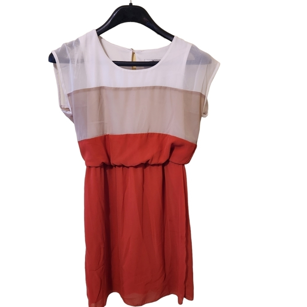 Sweet  Storm orange white beige short sleeve lined mini dress